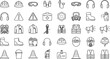 © PUTUL - Construction Safety Equipment Icon Set with Helmet Gloves Mask Vest and Warning Symbols in Outline Style