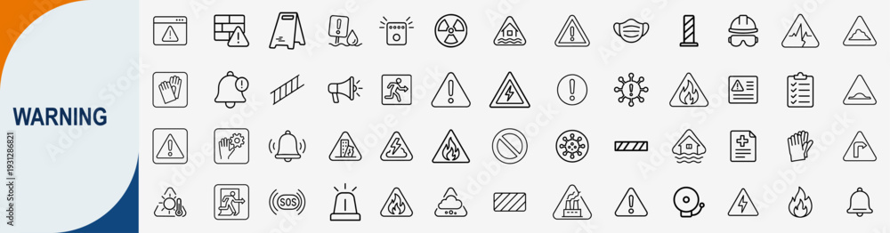 Warning and safety icons set, outline symbols for hazard alert ...