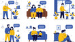 © Kharshad Creative - Family daily life scenes collection with parents children elderly home activities communication vector illustration set