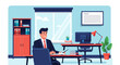 © Syamil Studio - Smiling Professional Businessman Working at Modern Office Desk. Flat Vector Illustration of Executive Planning or Administration Tasks.