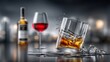 © Dmitry - Whiskey splashes from a tipped glass beside a wine glass and bottle in a bar with blurred background