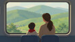 © ViVn - Mother and Child Sitting Together on Train Looking Out Window at Scenic Green Mountain Landscape during Daytime Travel Journey Illustration