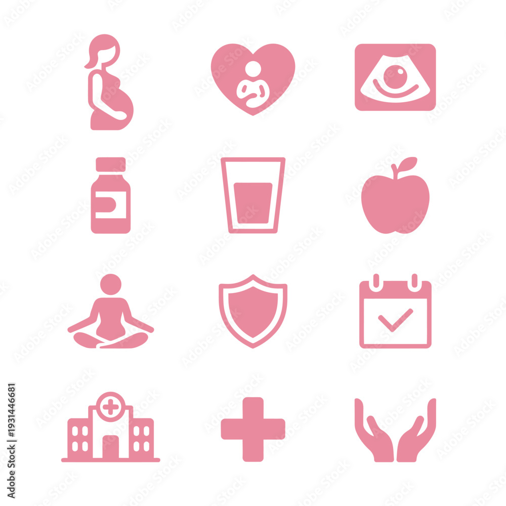 Pregnancy Care Icons: A collection of pink icons depicting essential ...