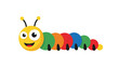 © Shila - Happy cartoon caterpillar with a yellow head and a body made of colorful green orange red and blue circular segments.