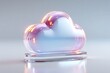 © zhi - A translucent glass cloud icon, containing glowing 0s and 1s, floats above a base on a pure white background. A minimalist technological concept.
