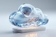 © zhi - A translucent glass cloud icon, containing glowing 0s and 1s, floats above a base on a pure white background. A minimalist technological concept.