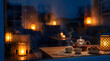 © Roktim - A cozy indoor scene with a teapot, cups, dates, and glowing lanterns, through a rainy window.
