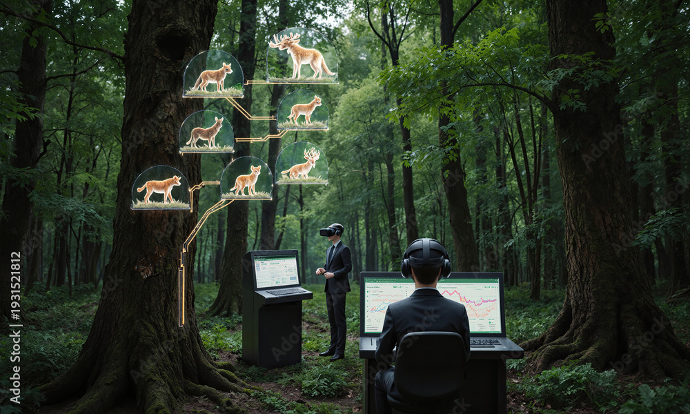 Virtual reality banking businessmen manage digital assets on tree ...