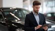 © Mary - Young man using tablet while standing beside luxury car in dealership
