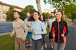 © Studio Romantic - Group of runners jogging marathon in summer city park. Smiling friends team running along road during morning fitness training, outdoors sport exercise, healthy energy and strong teamwork of athletes