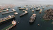 © Corona Borealis - Cargo vessels congestion blocking maritime traffic in the Strait of Hormuz, tankers and container cargo ships clustered. Strategic maritime chokepoint linking the Persian Gulf and and Gulf of Oman 3D