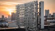 © Justlight - Medium shot of a 5G massive MIMO antenna array with dense radio elements sharply focused against a blurred urban city skyline during sunset.