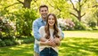 © Vasiliy - Joyful young couple embracing in a green park. Happy man and woman laughing together outdoors. Relationship and lifestyle portrait