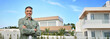 © insta_photos - Smiling middle aged homeowner, happy mature older Latin man new property buyer modern villa owner or realtor salesman investor standing outside home posing outdoor near new house. Portrait.