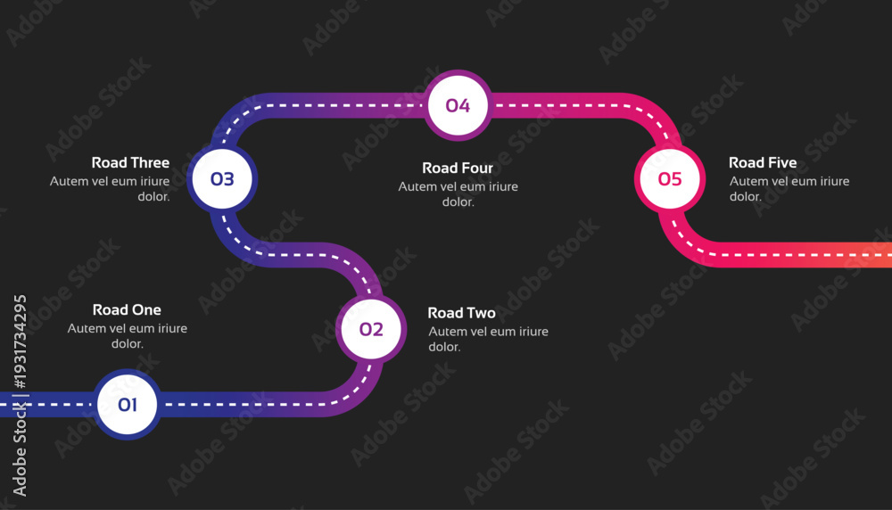 Five Step Gradient Road Map Infographic Timeline Dark Background Stock ...