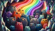 © ThePixLab - Whimsical 3D illustration of colorful cats gathered under a rainbow with crystals