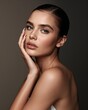 © Papatasi - High-res professional portrait of a young female supermodel with split lighting, flawless skin, high cheekbones, full lips, and confident photorealistic elegance.