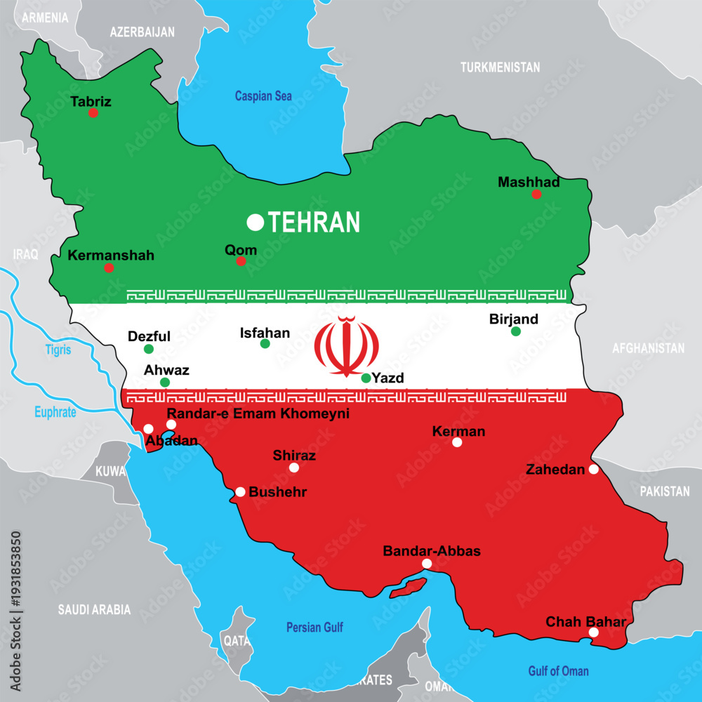 Iran Political Map with capital Tehran, national borders, most ...