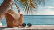 © Sutasinee - A woven bag with sunglasses and a woven hat is placed on the sandy beach. There is a coconut tree, a summer tropical aesthetic, a vacation concept.