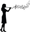 © Itz Joydip - Silhouette woman playing flute with swirling musical notes, elegant dress and heels, artistic vector illustration of music creativity expression