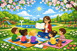 © Halina Berah - Children listen to a story in a park with trees, flowers, and a pond on a sunny day