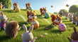 © Alevtina - Adorable squirrels compete in an Easter egg roll race. A spring meadow with flowers, cheering animal spectators, and soft sunlight. Kawaii 3D illustration.
