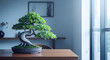 © pixel Creative - Beautiful Green Miniature Bonsai Tree in a Pot on a Wooden Table Indoors