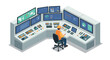 © Maureen - Control room with engineer monitoring multiple screens in isometric style