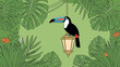 © Suhaeni - vibrant tropical toucan perched on a hanging lamp surrounded by lush green jungle leaves and exotic flowers a serene natural illustration.
