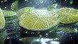 © ZubVector - Fresh lime slices splashing in water with droplets and mist in background