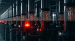 © Kristelinmind - Row of gas centrifuges enriching uranium for nuclear power or weapon production. A single red warning light flashing. Atomic energy technology, global crisis concept.
