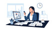 © Sheraz - Modern flat vector illustration of employee multitasking at desk with laptop, phone and documents representing busy workflow, productivity and modern office lifestyle