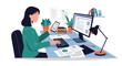 © Sheraz - Modern flat vector illustration of employee multitasking at desk with laptop, phone and documents representing busy workflow, productivity and modern office lifestyle