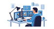 © Sheraz - Modern flat vector illustration of IT specialist coding at desk with multiple monitors representing software development, technology and digital office workflow