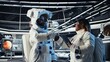 © DC Studio - Cosmonaut doing fist bump with colleague, leaving starship to descend on planet during mankind survival expedition. Astronaut putting helmet on, exiting spaceship to colonize planet