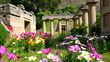 © Steven - Vibrant flowers bloom amidst ancient temple ruins, a serene oasis where nature reclaims historic architecture