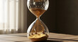 © Rychard - A serene hourglass on a wooden table with sunlight streaming through a window, symbolizing the passage of time and patience in a peaceful setting.