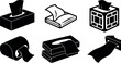 © DesignVectX - Minimalist icon set of tissue boxes rolls and dispenser silhouettes close up top view bathroom supply vector black white flat