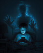 © kore kei - スマートフォンを見る子供の背後に現れるAIの影とデジタル支配のイメージ