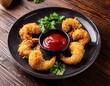 © Amy - golden brown crispy coconut shrimp appetizer garnished with fresh parsley served with red sauce on a dark plate with wooden background