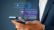 © Soyaeb - Business professional uses smartphone with virtual messages and voice commands for seamless digital communication and efficient modern interaction