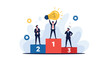 © Mitthila Vectx - Successful businessman on a winner podium holding a giant glowing light bulb as a symbol of his winning idea.