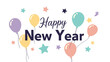 © Maria - Festive happy new year greetings with colorful balloons and stars scattered across a clean white background for a joyful start to the new year.
