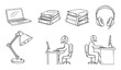 © Maestro - Commercial collection of handdrawn remote work and study essentials like a laptop, books, headphones, desk lamp, and headsetwearing individuals at computers for business or learning
