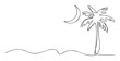 © Maestro - Simple one line sketch depicting a tranquil beach night scene with a tall palm tree and moon, ideal for resorts, travel agencies, and peaceful getaway graphic needs.