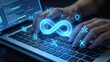 © Minho - DevOps software development and cybersecurity concept with glowing infinity symbol over laptop keyboard,cloud computing automation and data protection technology background