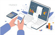 © Akash Mondal - Hands holding smartphone with Tax app laptop with financial charts calculator and reports