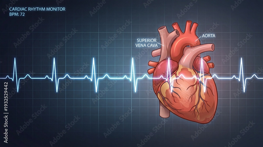 Cardiac rhythm monitor displaying a normal heart rate with a detailed ...