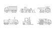 © Abu - Industrial Transport Vehicles Outline: A collection of various heavy industrial vehicles in detailed outline form, showcasing the diversity of transport machinery.