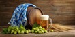 © Khat - The Beer Mug with Frothy Head Beside Wooden Barrel, Hops and Golden Wheat